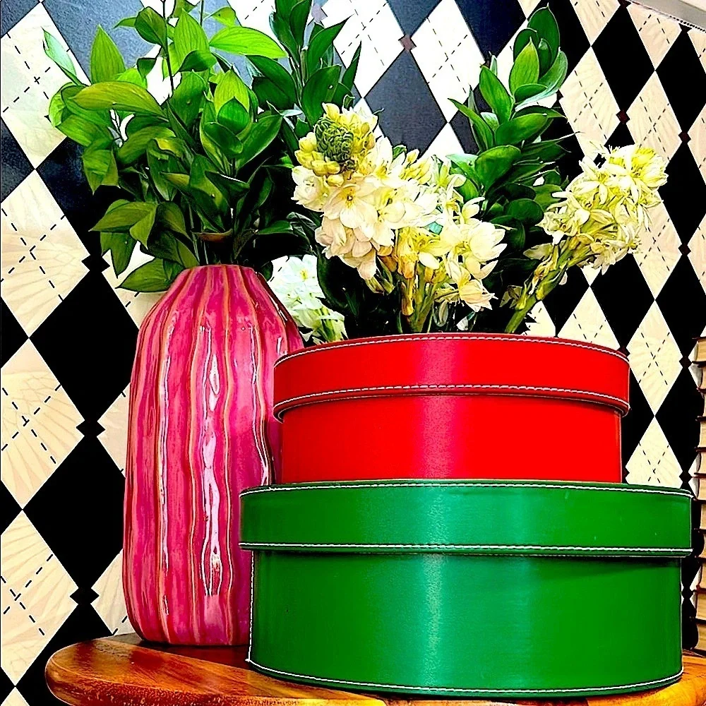 Nesting‎ Leather Boxes Set of 2 – Red & Green – Cylindrical Storage - Large